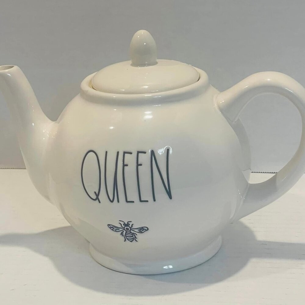 Rae Dunn Teapot Queen Bee Ceramic with Lid, by Magenta with Black Impressed